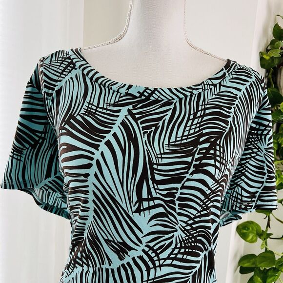 Dressbarn Gorgeous Turquoise Blue & Black Tropical Palm Frond Maxi Dress Plus 22 - Picture 2 of 9